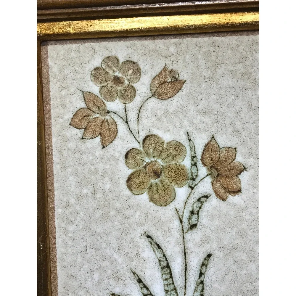 Framed Tile with Floral‎ Design, Great Vintage Wooden Frame, Hand Made in Italy